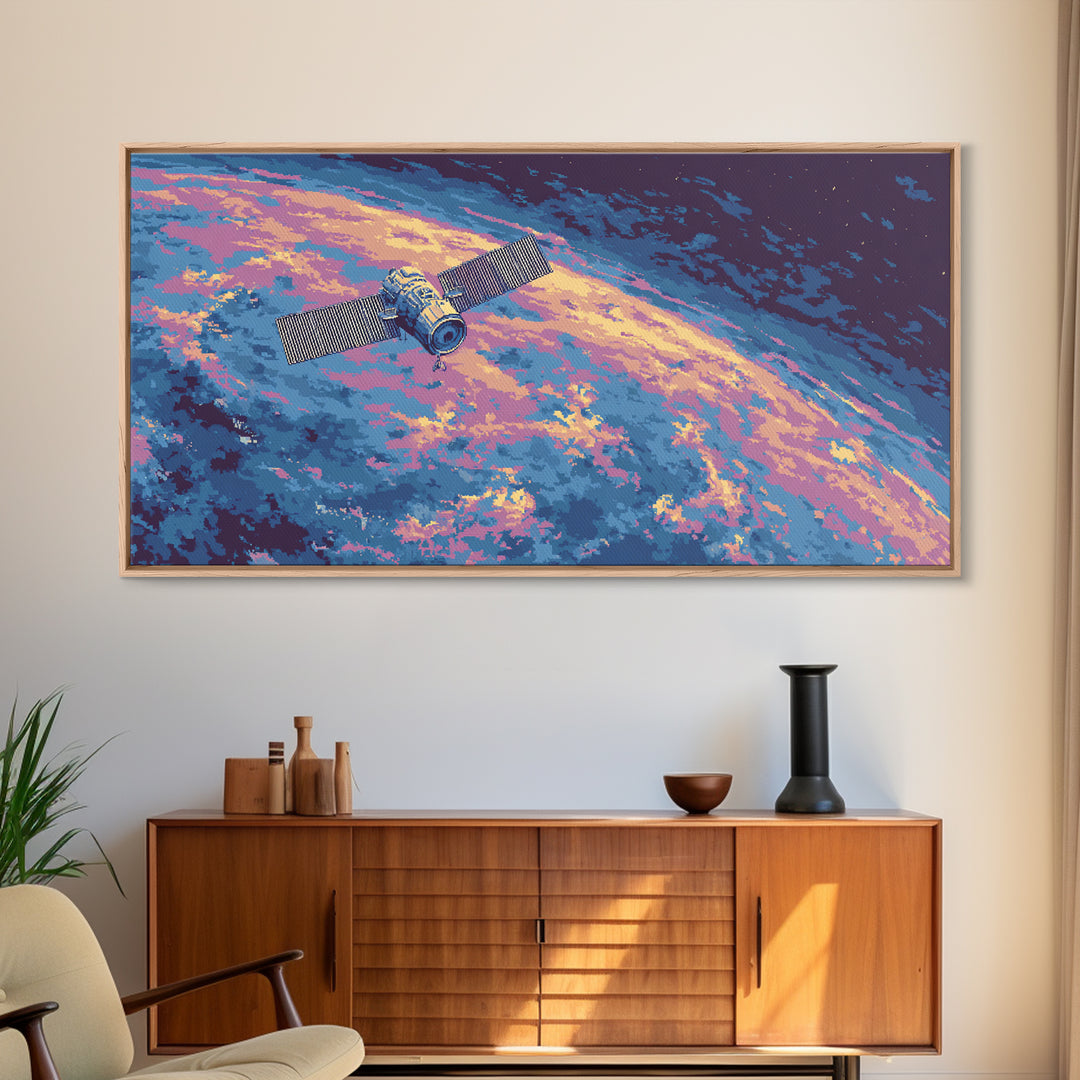 Pixel Satellite Above Colorful Earth Wall Art, Retro Sci Fi Space Poster, Modern Astronaut Decor, Cosmic Digital Art Print