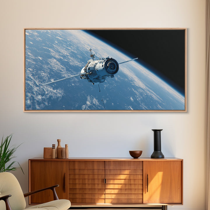 Realistic Spacecraft Orbiting Blue Earth Canvas Print, Modern Space Wall Decor, Satellite Poster, Sci Fi Office Artwork Gift