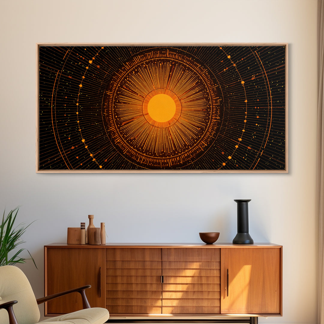 Orange Solar Mandala Interface Wall Art, Retro Sci Fi Circle Poster, Atomic Midcentury Modern Decor, Geometric Sun Print