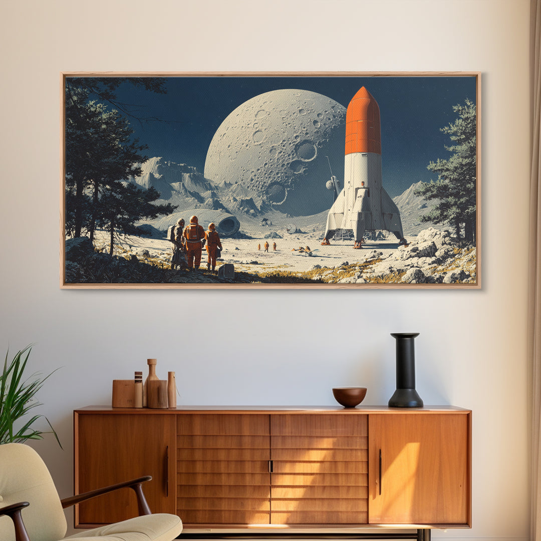 Moon Base Astronauts With Orange Rocket Framed Canvas Print, Retro Space Wall Art, Sci Fi Lunar Landscape Poster Decor Gift