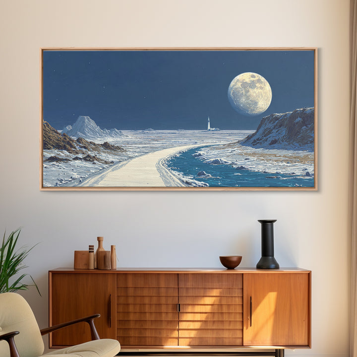 Blue Lunar Coastline With Full Moon Wall Art, Retro Sci Fi Landscape Poster, Space Travel Print, Modern Home Office Decor