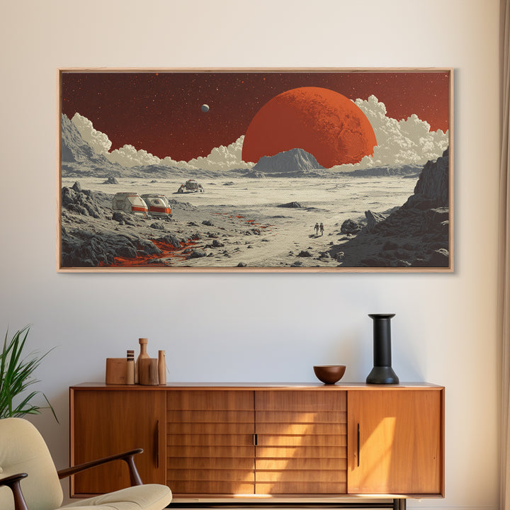 Red Planet Colony With Rovers Canvas Print, Retro Sci Fi Desert Landscape Wall Art, Mars Exploration Poster, Space Decor