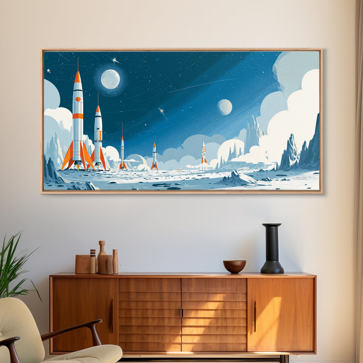 Whimsical Rocket Fleet On Icy Moon Wall Art, Retro Sci Fi Space Poster, Blue Nursery Decor, Midcentury Modern Print Gift