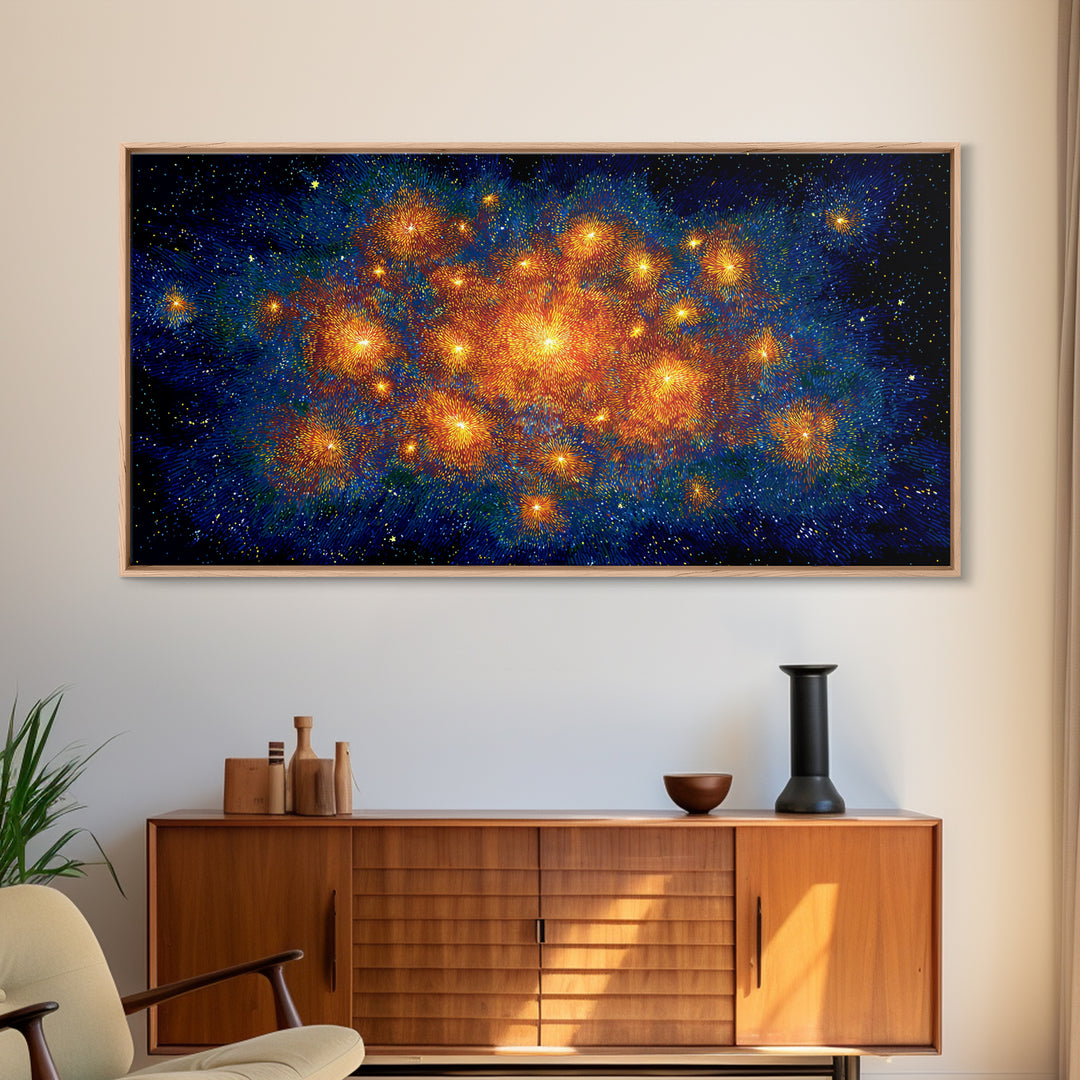 Orange Blue Cosmic Nebula Abstract Canvas Print, Space Abstract Art, Modern Wall Decor, Bright Galaxy Home Office Poster
