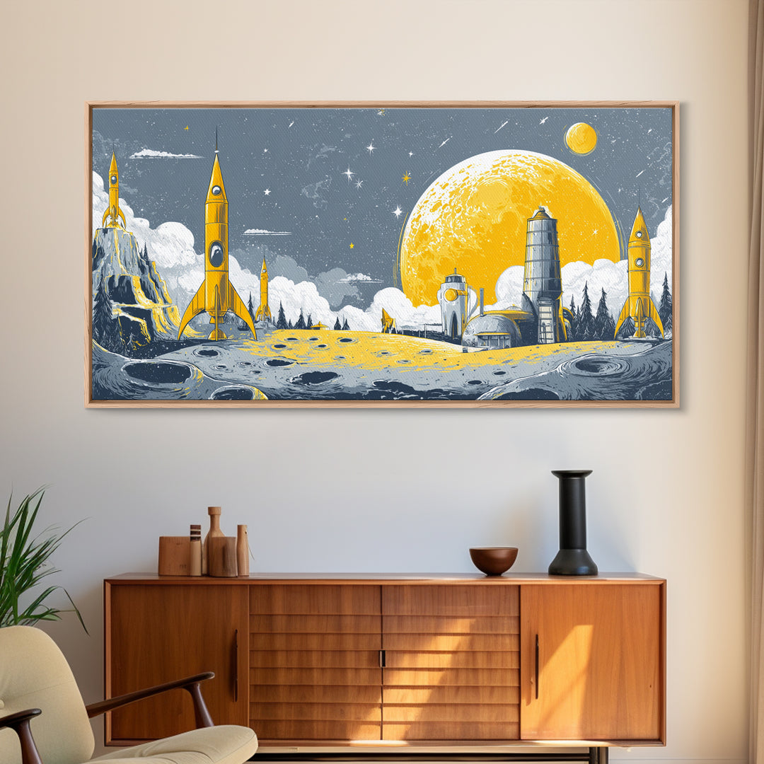 Yellow Lunar Colony With Retro Rockets Canvas Print, Midcentury Modern Space Wall Art, Moon Base Poster, Atomic Home Decor