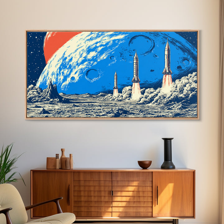 Retro Sci Fi Rocket Launch On Blue Moon Canvas Print, Midcentury Modern Space Poster, Cosmic Wall Decor, MCM Artwork Gift