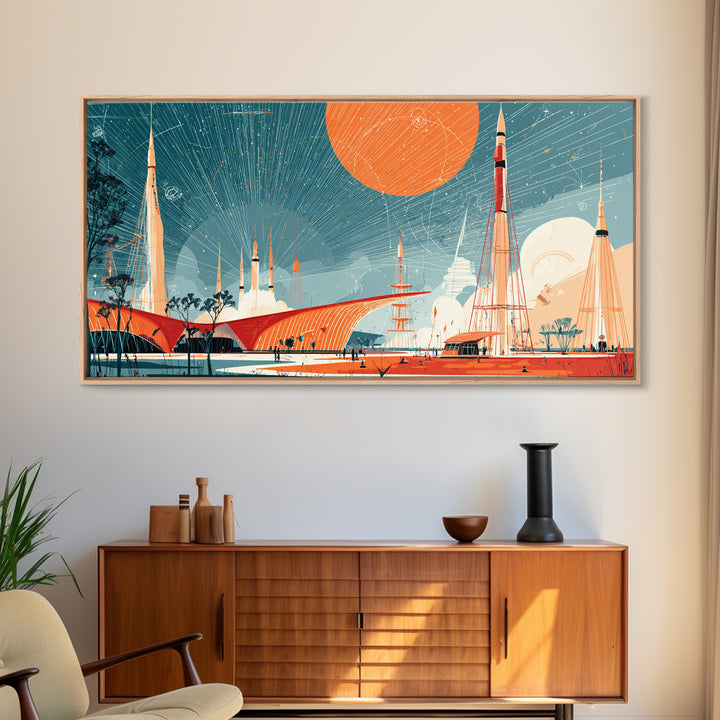Futuristic Spaceport With Orange Sun Framed Canvas Print, Midcentury Modern Wall Art, Atomic Retro Decor, MCM Poster Gift