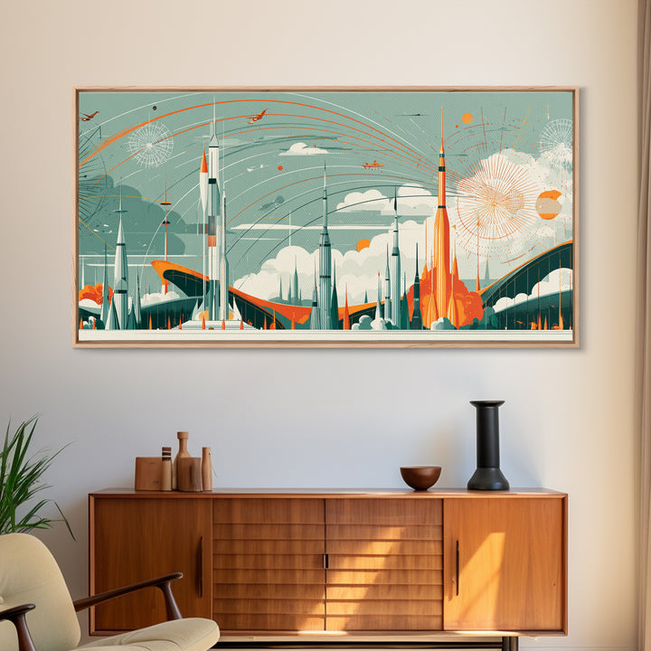 Retro Rocket City With Arcing Skies Canvas Print, Midcentury Modern Wall Art, Space Age Poster, Atomic MCM Home Decor Gift
