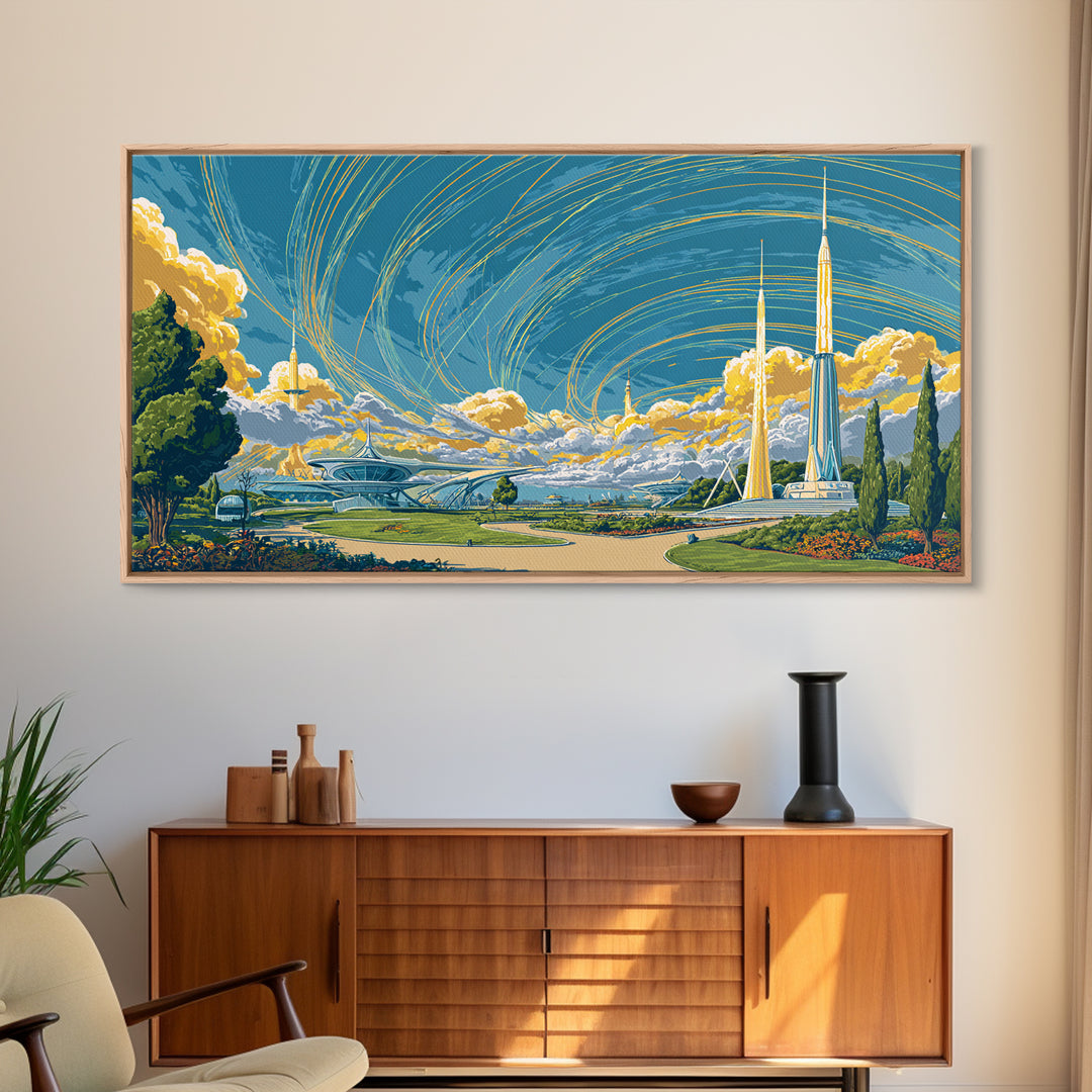 Utopian Spaceport Landscape With Golden Clouds Wall Art, Midcentury Modern Canvas Print, Retro Futurist Poster, MCM Decor
