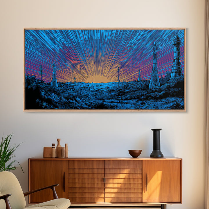 Blue Cosmic Sunrise Over Sci Fi Towers Canvas Print, Midcentury Modern Wall Art, Retro Space Poster, Bold MCM Decor Gift