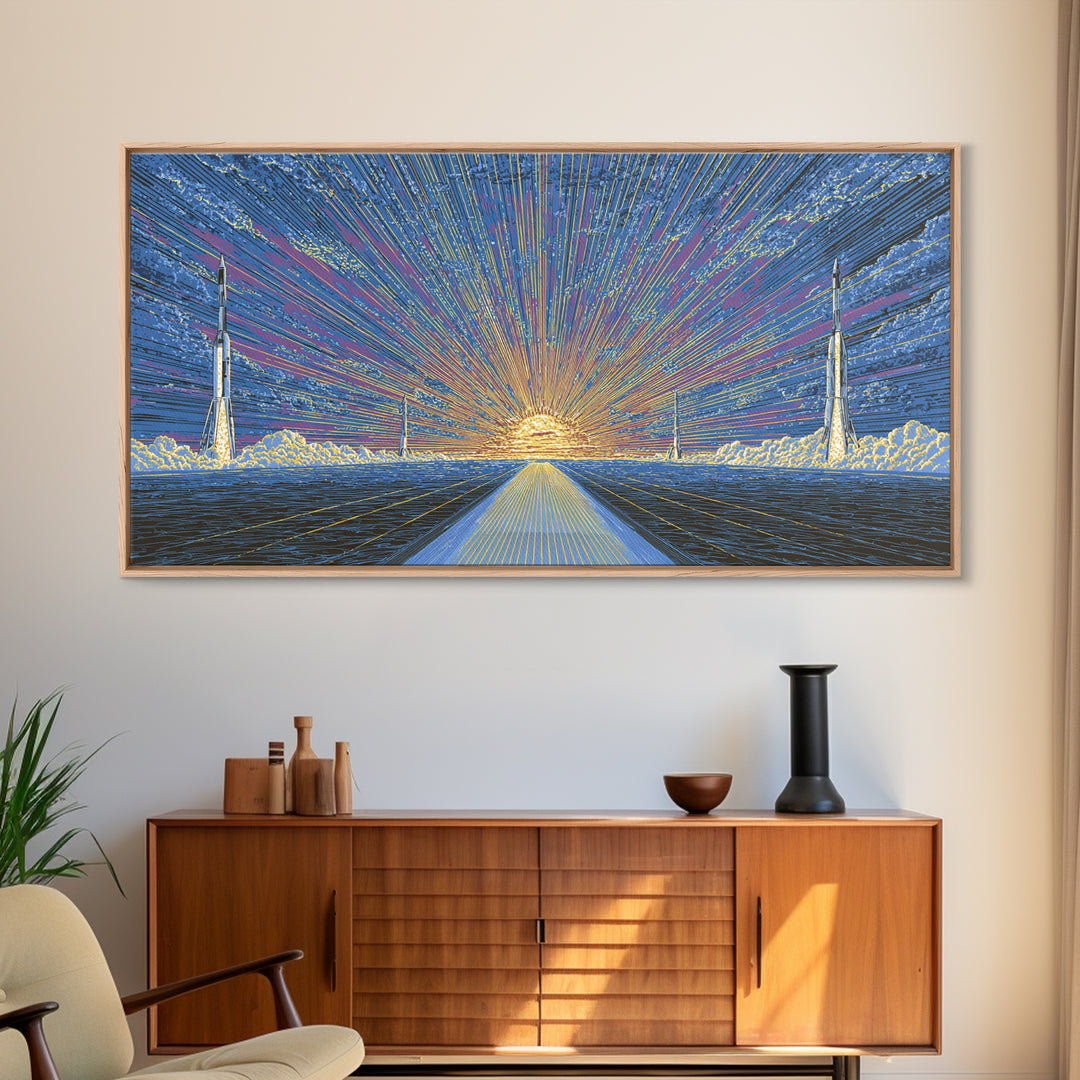Radiant Rocket Road At Spaceport Sunrise Wall Art, Midcentury Modern Canvas Print, Retro Futurist Poster, MCM Home Decor