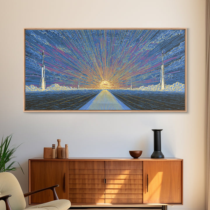 Radiant Rocket Road At Spaceport Sunrise Wall Art, Midcentury Modern Canvas Print, Retro Futurist Poster, MCM Home Decor