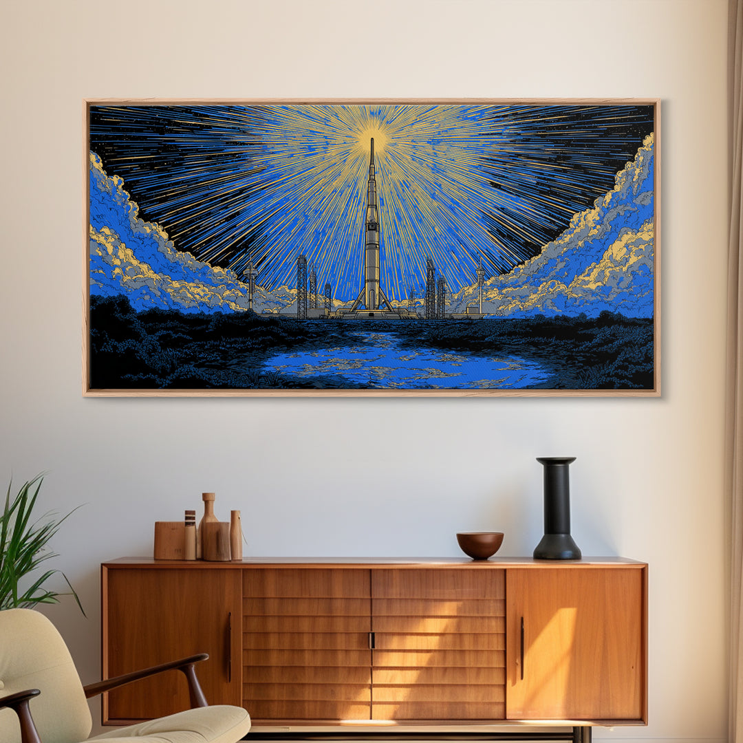 Rocket Launch Tower Beneath Starburst Sky Framed Canvas Print, Midcentury Modern Wall Art, Atomic Retro Space Decor Gift