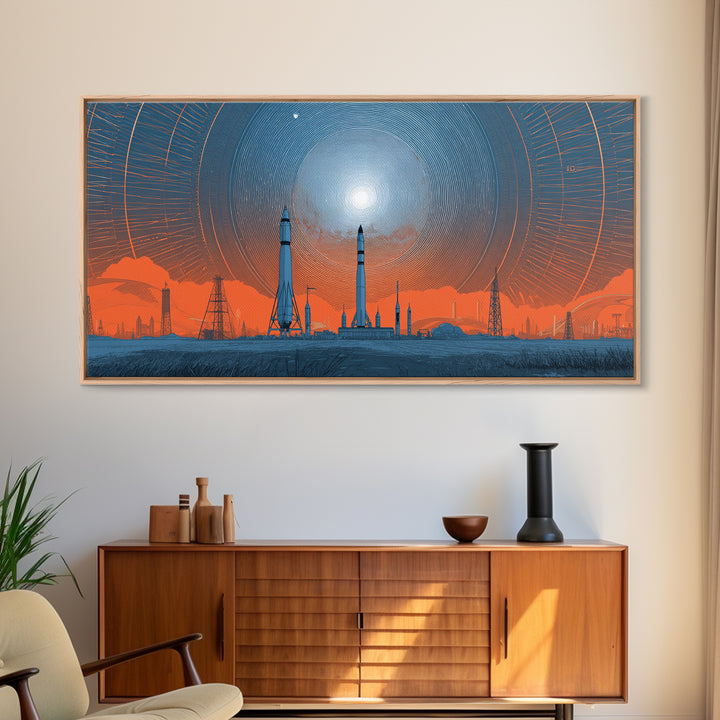Orange Spaceport Skyline With Radiant Sun Wall Art, Midcentury Modern Canvas Print, Retro Futurist Poster, Industrial MCM Decor