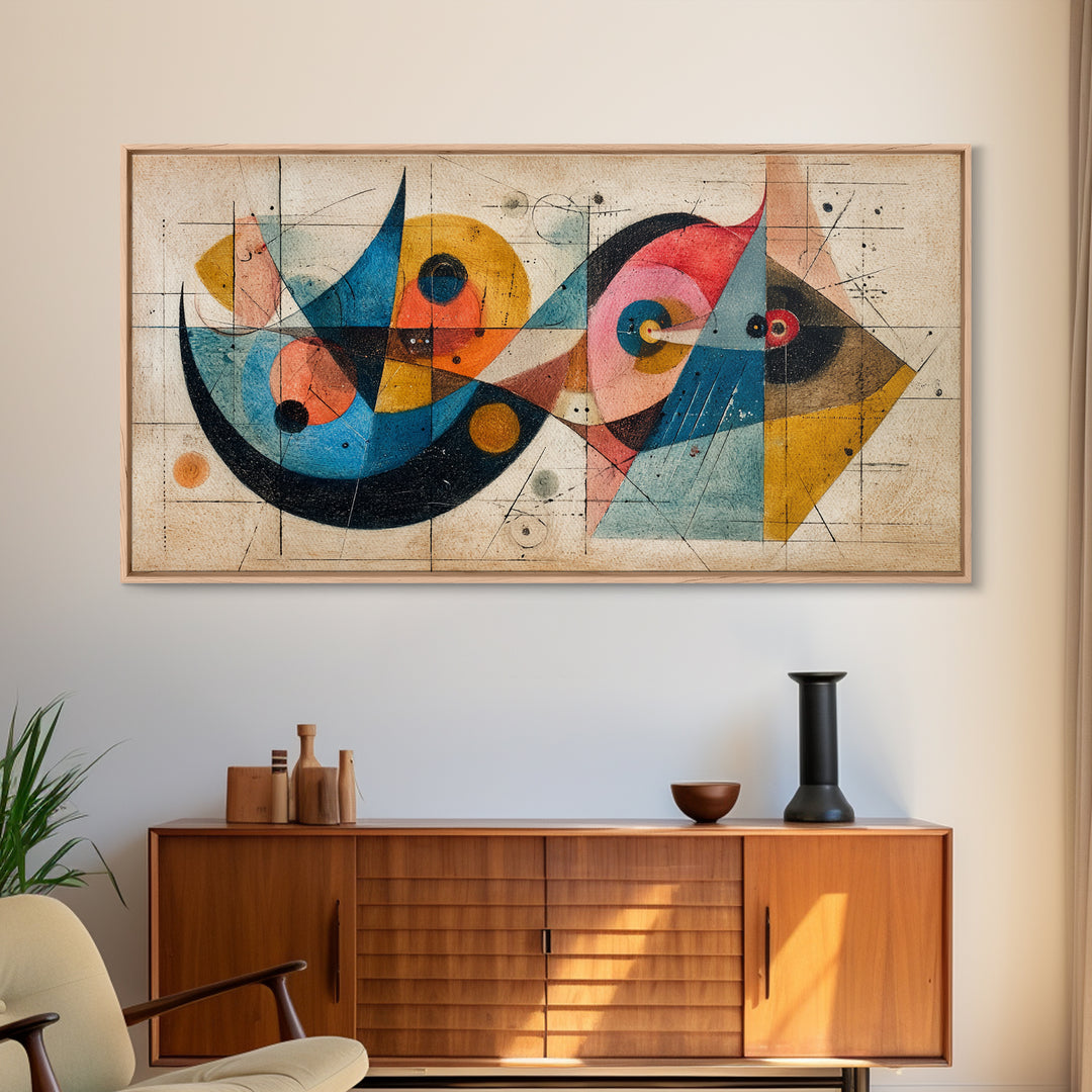 Abstract Bauhaus Fish Shapes In Teal Yellow Pink Wall Art, Midcentury Modern Canvas Print, Geometric Retro Decor, MCM Poster