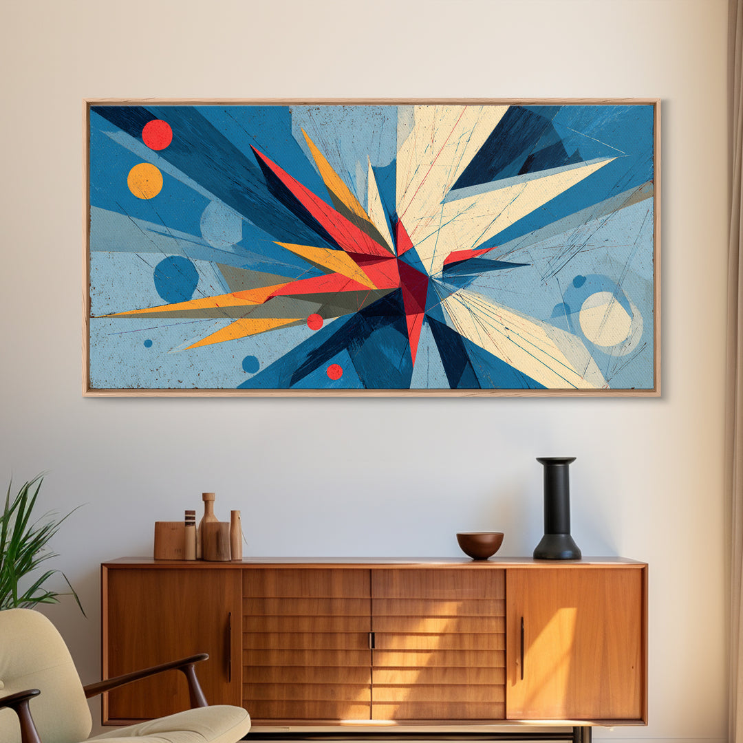 Blue Geometric Starburst Abstract Canvas Print, Midcentury Modern Wall Art, Bauhaus Poster, Bold Colorblock Home Decor Gift
