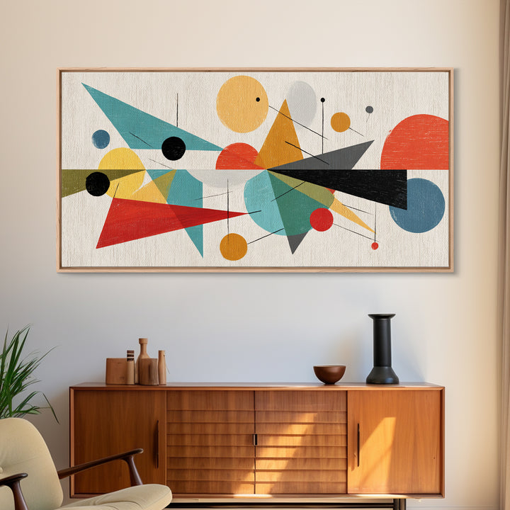 Playful Circles And Triangles Framed Canvas Print, Midcentury Modern Art, Colorful Geometric Wall Decor, Abstract Poster