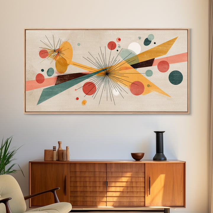 Atomic Starbursts With Teal Gold Shapes Wall Art, Midcentury Modern, Abstract Geometric Poster, Retro MCM Living Room Decor