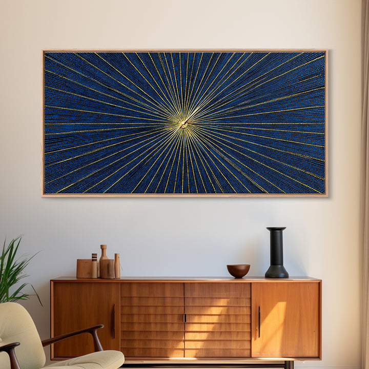 Blue Gold Radiating Op Art Wall Art, Midcentury Modern, Geometric Abstract Print, Atomic Sunburst, Modern Wall Decor, Living Room Art