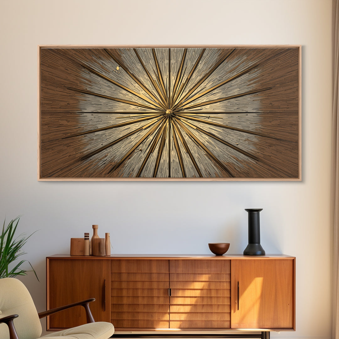 Brown Gold Woodgrain Sunburst Framed Canvas Print, Midcentury Modern Art, Neutral Wall Decor, Geometric Abstract Poster Art