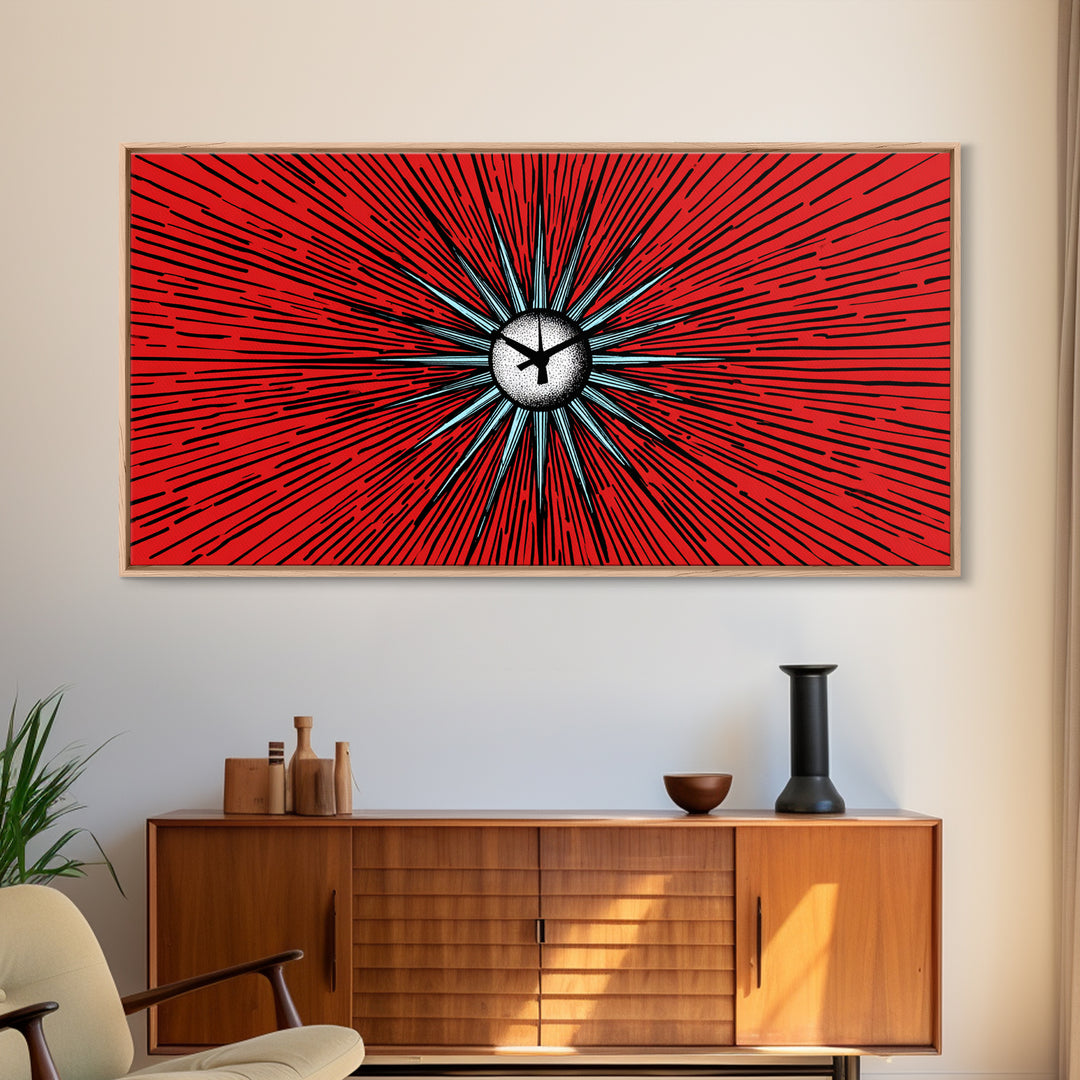 Red Atomic Starburst Clock Wall Art, Mid Century Modern Decor, Retro Sci Fi Poster, MCM Abstract Print, Bold Office Decor