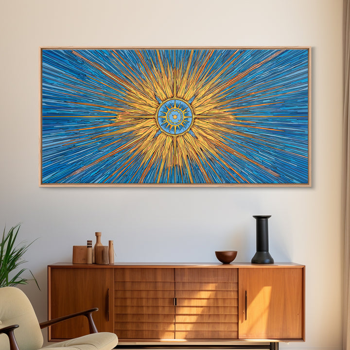 Blue Gold Solar Compass Canvas Print, Mid Century Modern Wall Decor, Atomic Sunburst Poster, Celestial Abstract Art, Office Decor
