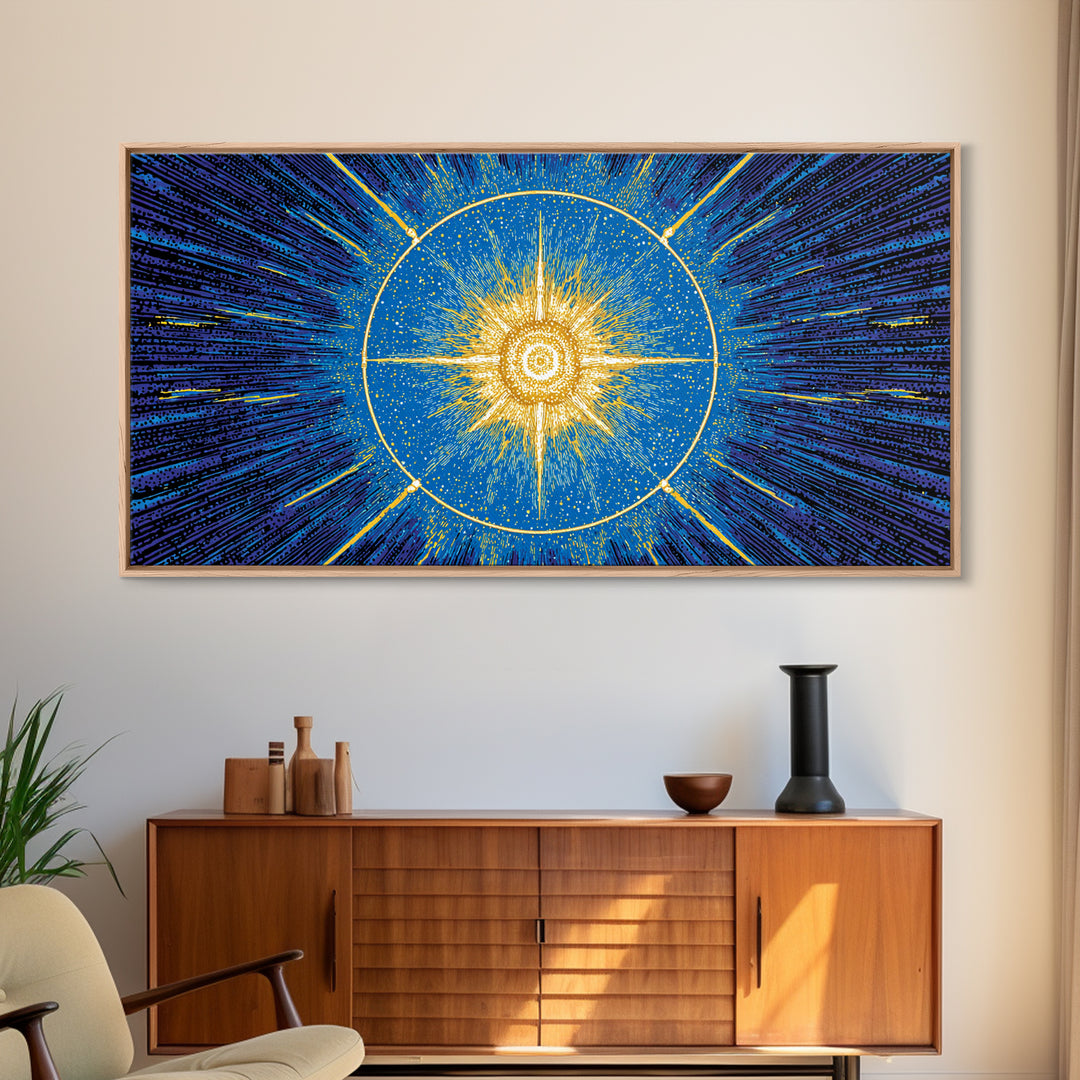 Blue Celestial Starburst Wall Art, Mid Century Modern Art Print, Atomic Space Poster, Geometric Abstract Home Office Decor