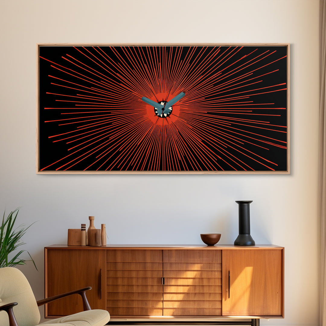 Orange Butterfly Atomic Canvas Print, Mid Century Modern Wall Art, Retro Sunburst Poster, Black Abstract MCM Living Room Decor