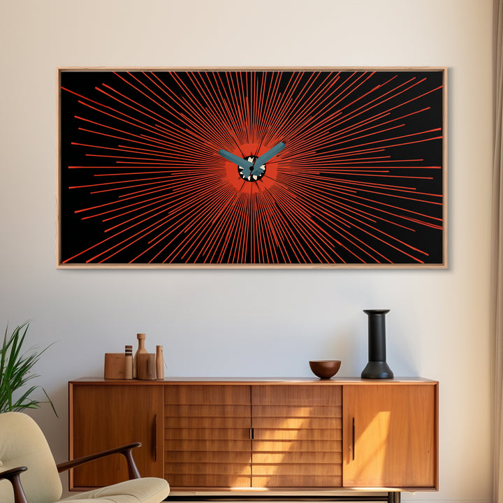Orange Butterfly Atomic Canvas Print, Mid Century Modern Wall Art, Retro Sunburst Poster, Black Abstract MCM Living Room Decor
