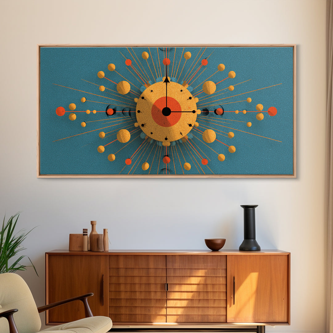 Teal Gold Atomic Clock Framed Canvas Print, Mid Century Modern Wall Art, Retro Space Age Poster, MCM Geometric Office Decor