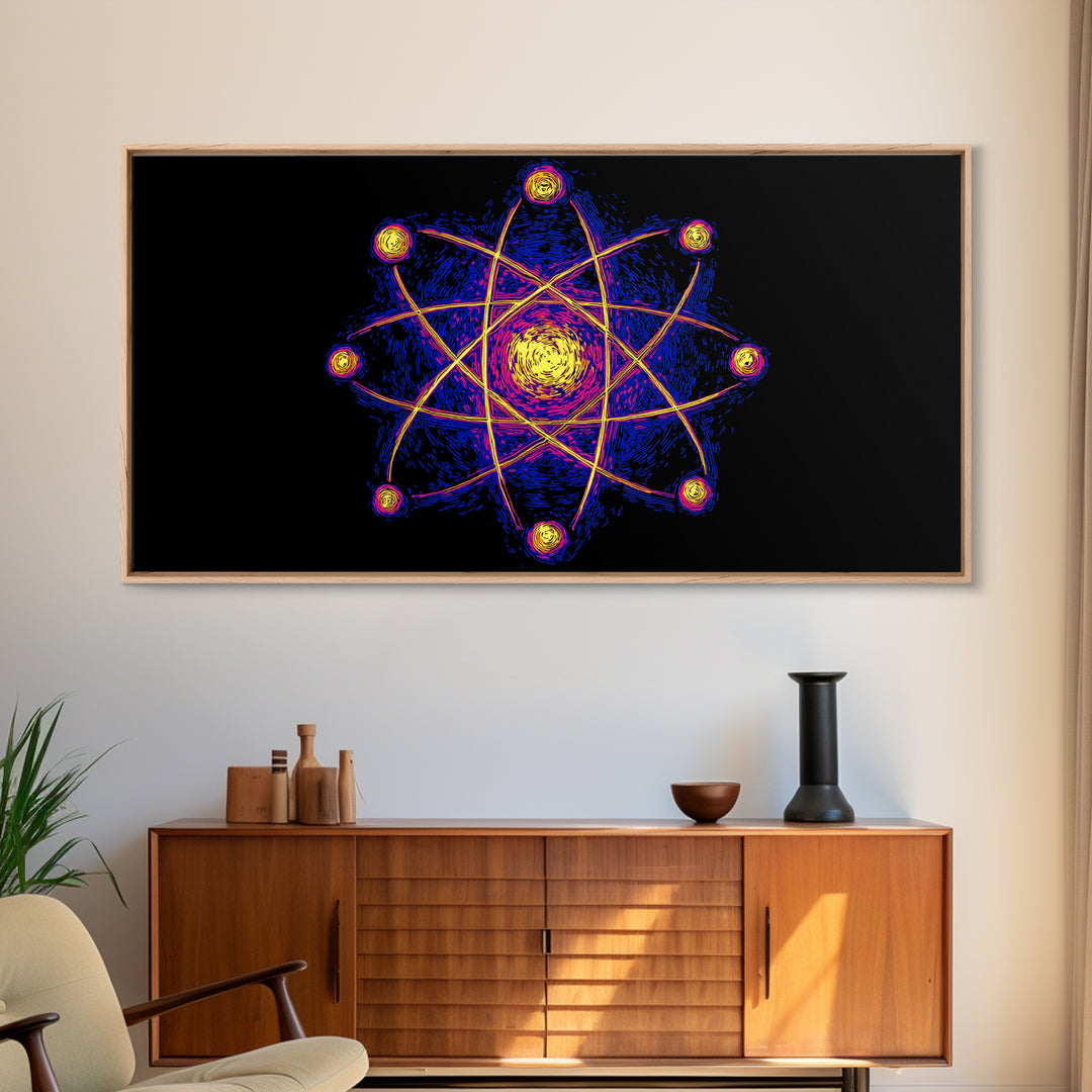 Neon Planet Atomic Canvas Print, Mid Century Modern Wall Art, Retro Sci Fi Space Poster, Cosmic Abstract MCM Office Decor