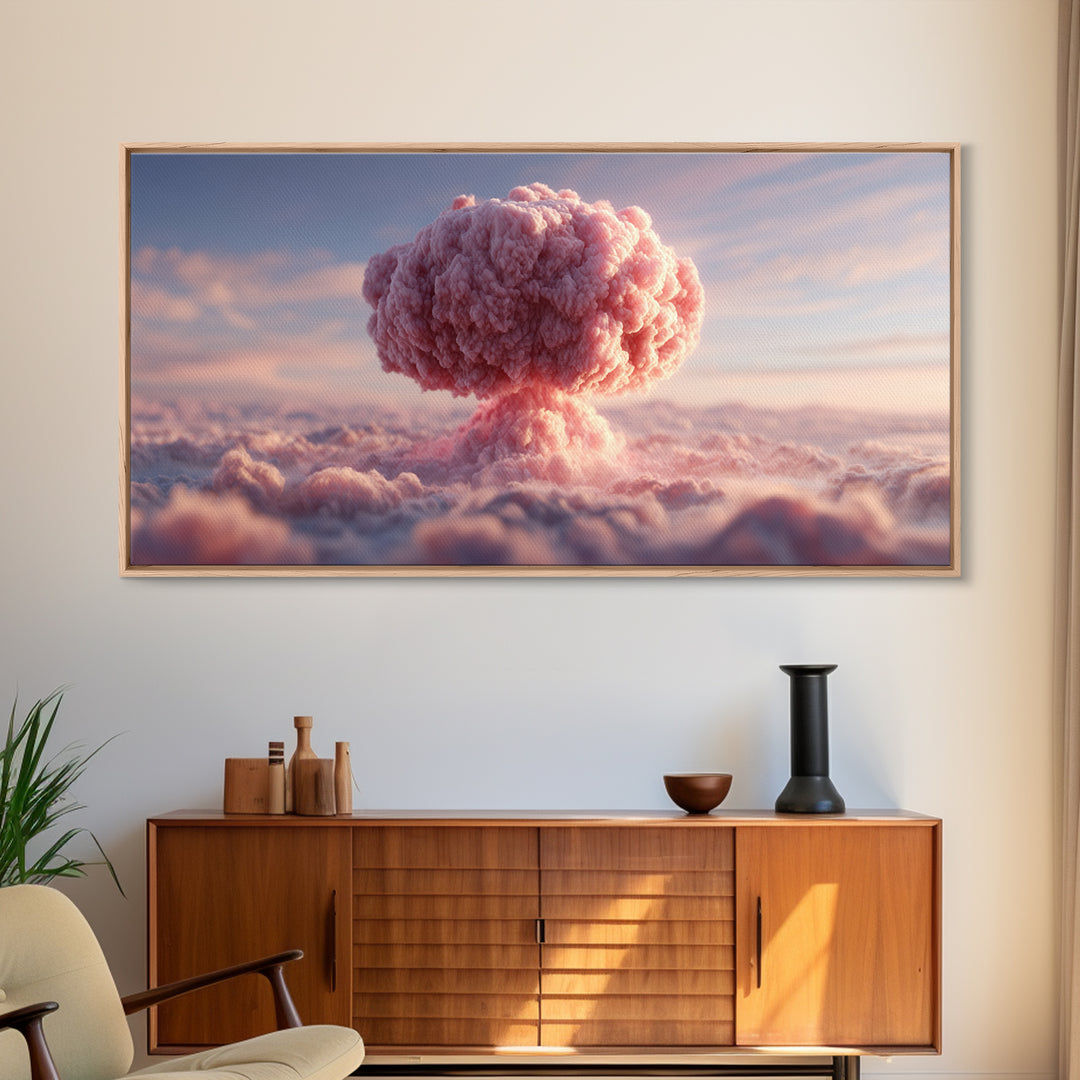 Pink Mushroom Cloud Wall Art, Surreal Sky Landscape, Modern Contemporary Decor, Pastel Statement Poster, Framed Canvas Print