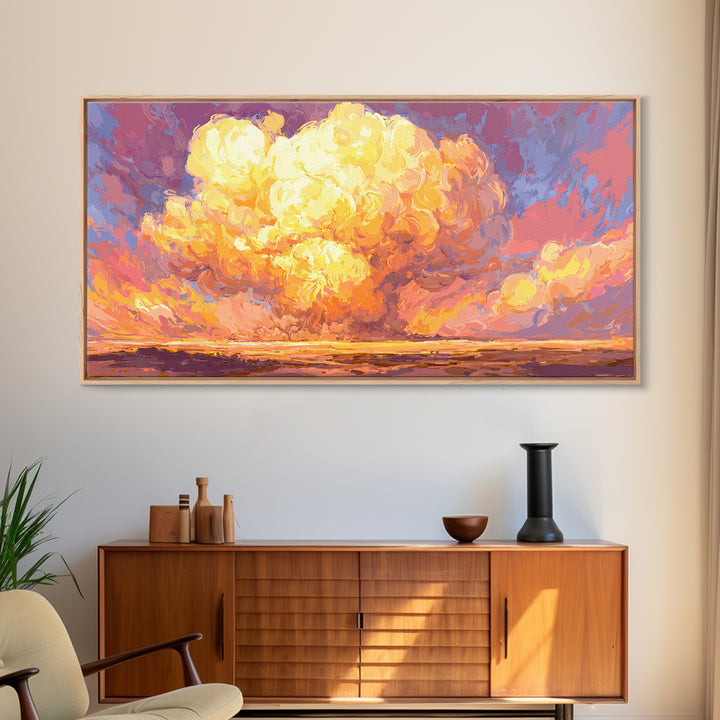 Glowing Desert Explosion Canvas Print, Retro Apocalypse Wall Art, Colorful Modern Art Poster, Dramatic Sunset Living Room Decor