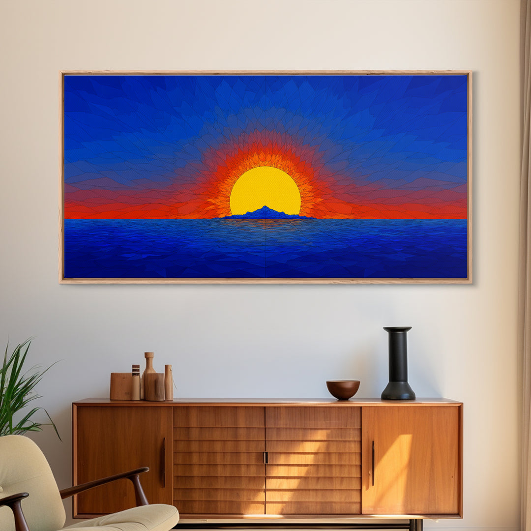 Geometric Ocean Sunset Wall Art, Mid Century Modern Landscape, Retro Sun Poster, Blue Orange Canvas Print For Coastal Decor