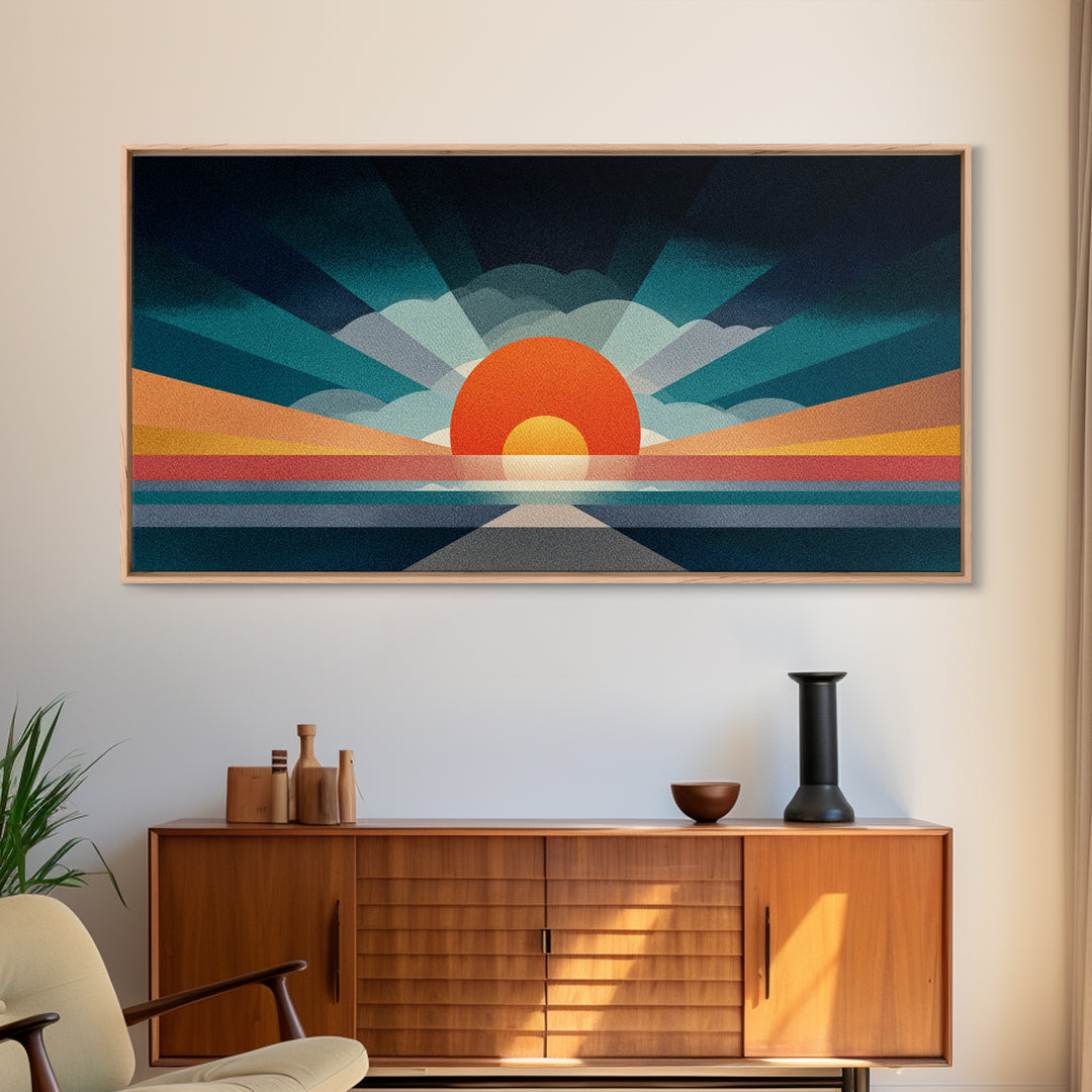 Retro Radiant Sunrise Wall Art, Mid Century Modern Geometric Poster, Abstract Desert Sun Canvas Print, Colorful Home Decor
