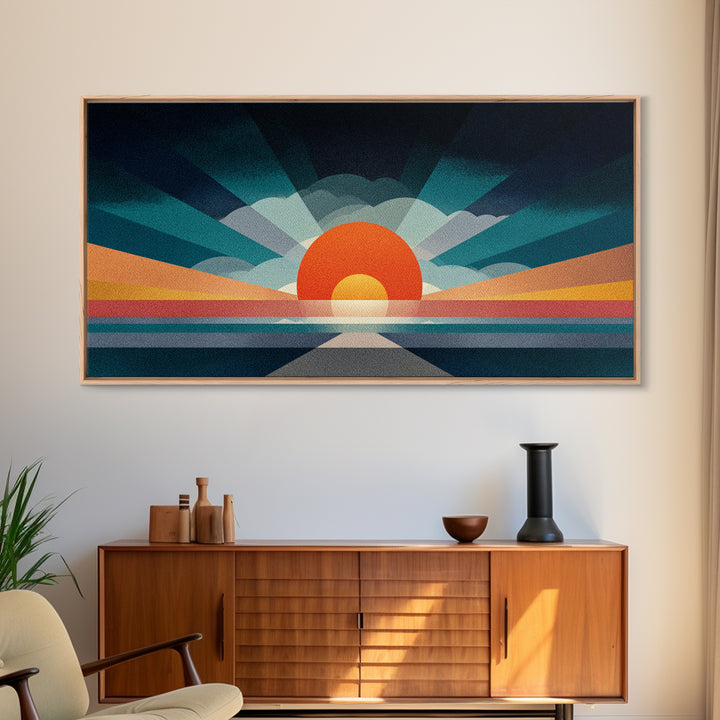 Retro Radiant Sunrise Wall Art, Mid Century Modern Geometric Poster, Abstract Desert Sun Canvas Print, Colorful Home Decor