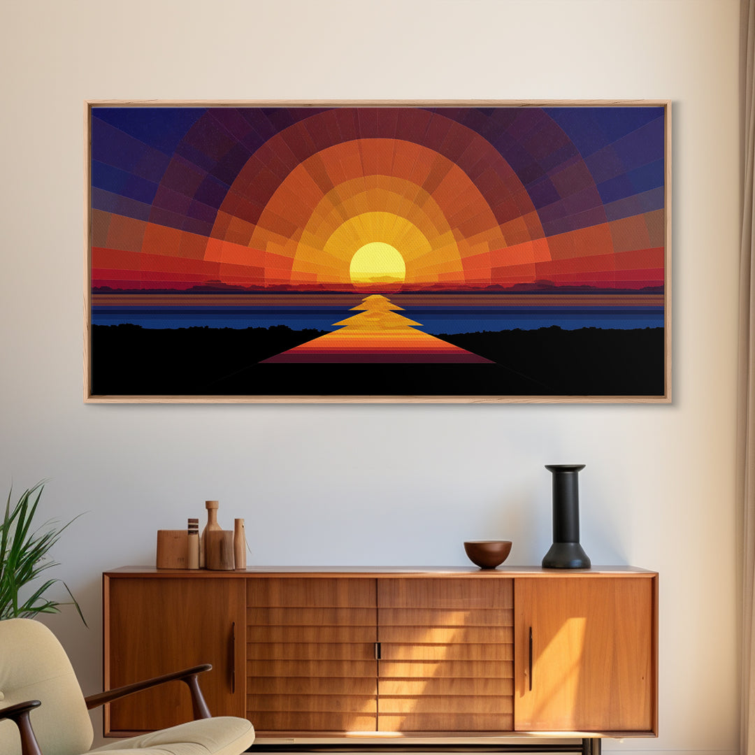 Geometric Sunset Over Ocean Path Wall Art, Mid Century Modern Abstract, Retro Sun Poster, Colorful Living Room Decor Print
