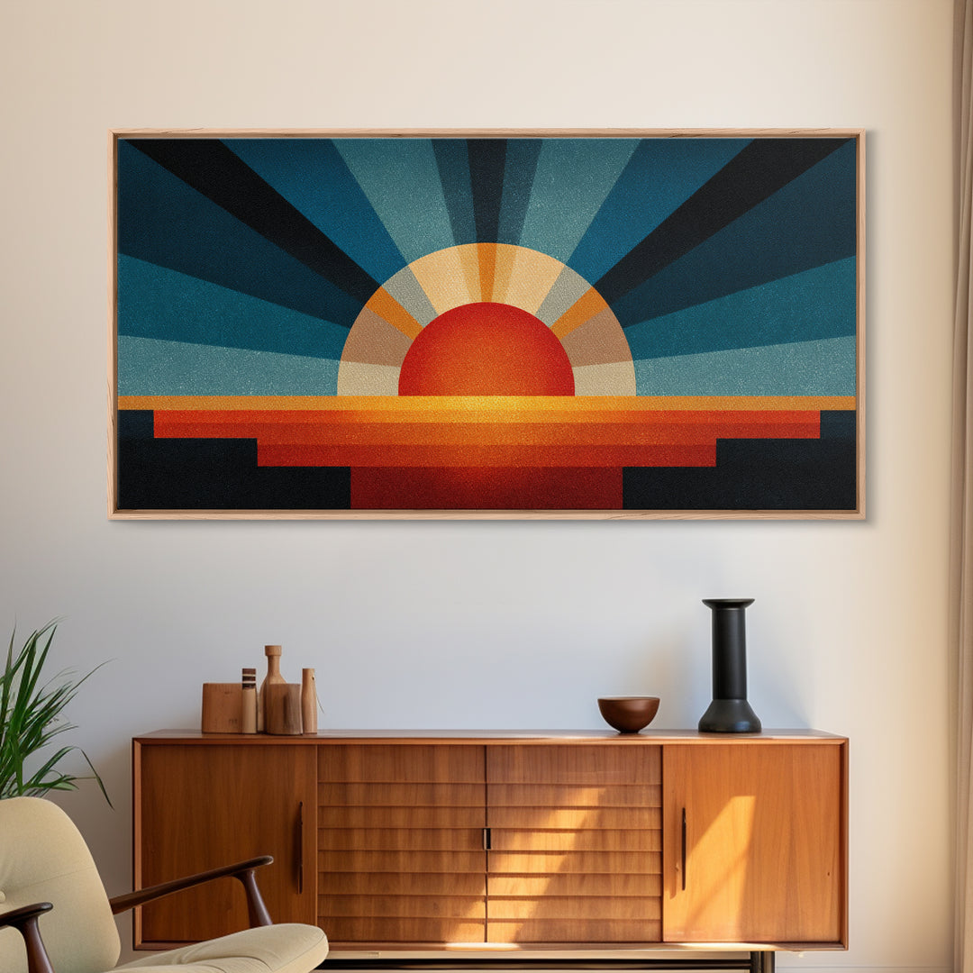 Textured Sun Rising Over Horizon Canvas Print, Mid Century Modern Abstract, Retro Wall Decor, Orange Blue Living Room Art