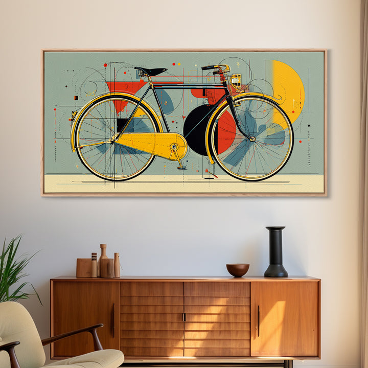 Classic City Bicycle With Abstract Circles Framed Canvas Print, Mid Century Modern Wall Art, Retro Bike Poster, Studio Decor
