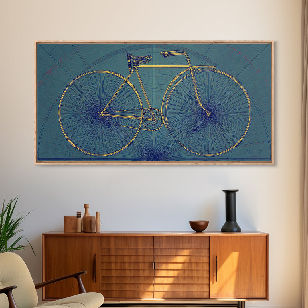 Technical Line Drawing Bicycle On Blue Framed Canvas Print, Mid Century Modern Art, Retro Cycling Poster, Home Office Decor