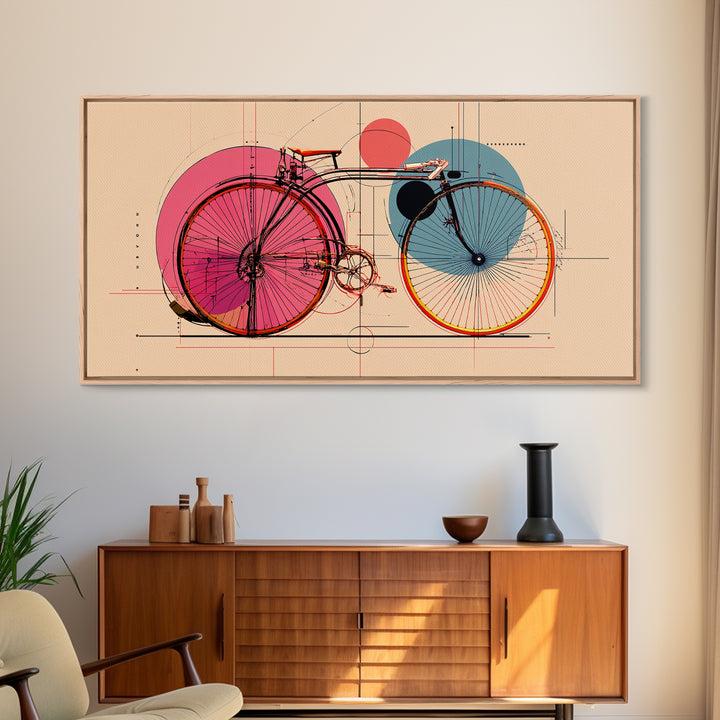 Retro Bicycle With Pink Blue Circles Canvas Print, Mid Century Modern Wall Art, Geometric Poster, Colorful Apartment Decor