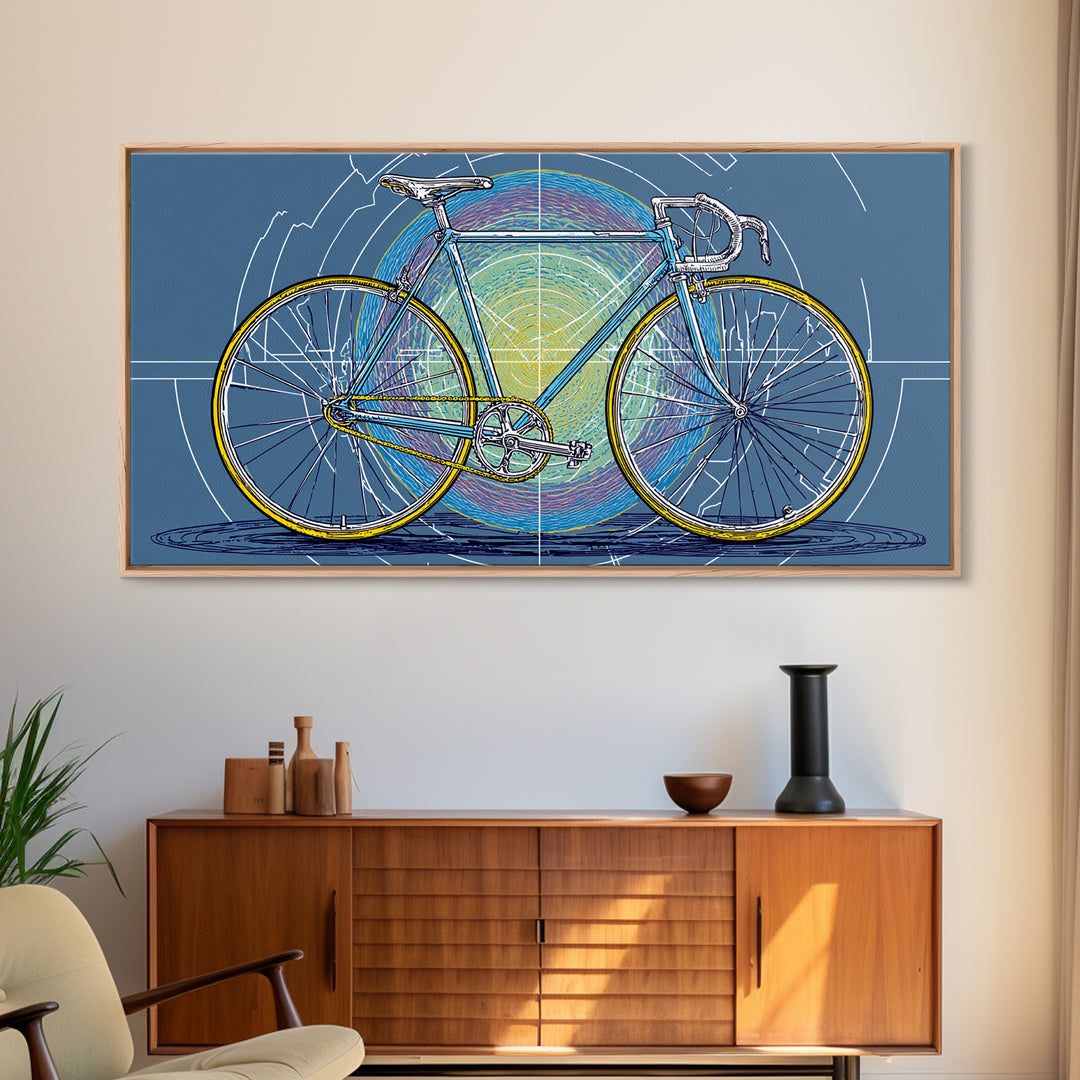 Touring Bicycle With Rainbow Circle Framed Canvas Print, Mid Century Modern Wall Art, Retro Cycling Poster, Blue Office Decor