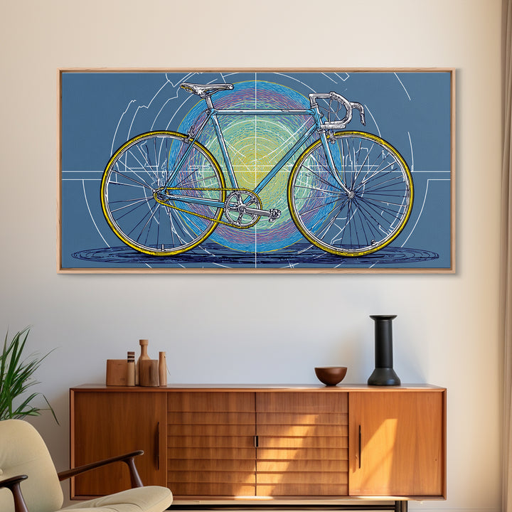 Touring Bicycle With Rainbow Circle Framed Canvas Print, Mid Century Modern Wall Art, Retro Cycling Poster, Blue Office Decor