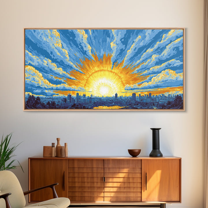 Golden Sunrise City Skyline Wall Art, Blue Sky Urban Landscape Canvas Print, Modern Home Decor, Statement Living Room Art