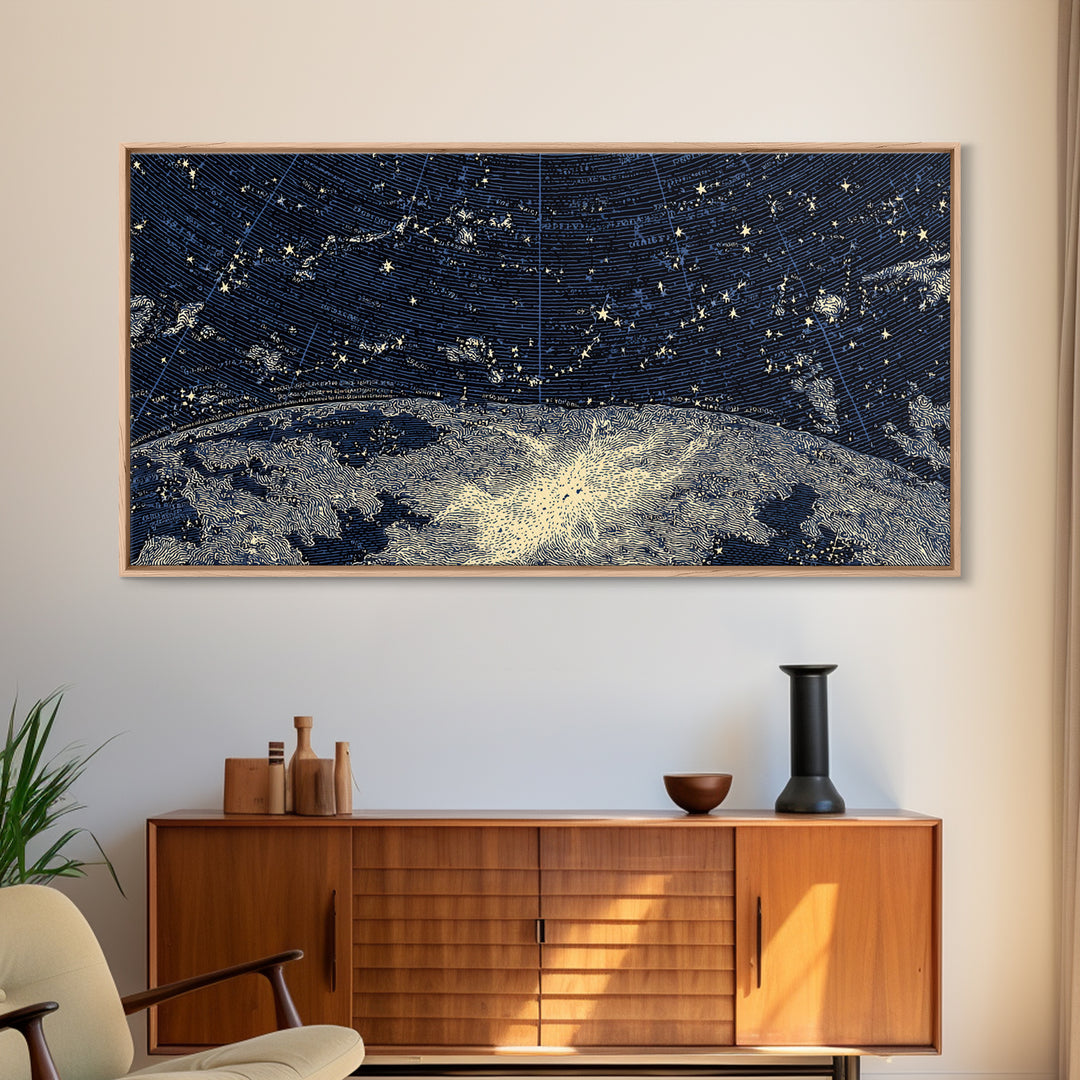 Starry Night Sky Over Abstract Lake Wall Art, Modern Landscape Print, Blue Scenic Poster, Celestial Home Office Decor Gift