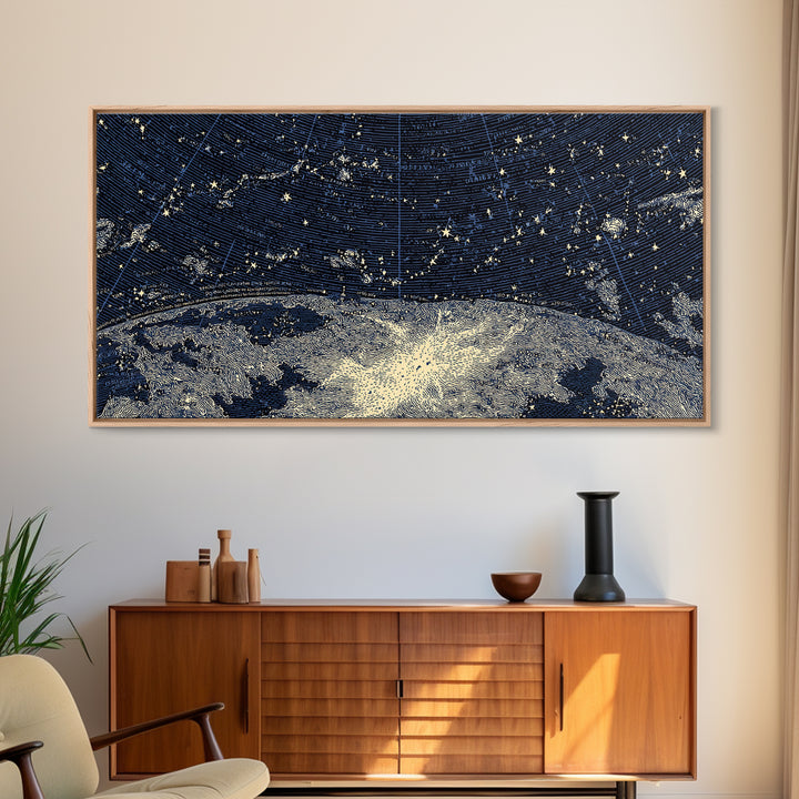 Starry Night Sky Over Abstract Lake Wall Art, Modern Landscape Print, Blue Scenic Poster, Celestial Home Office Decor Gift