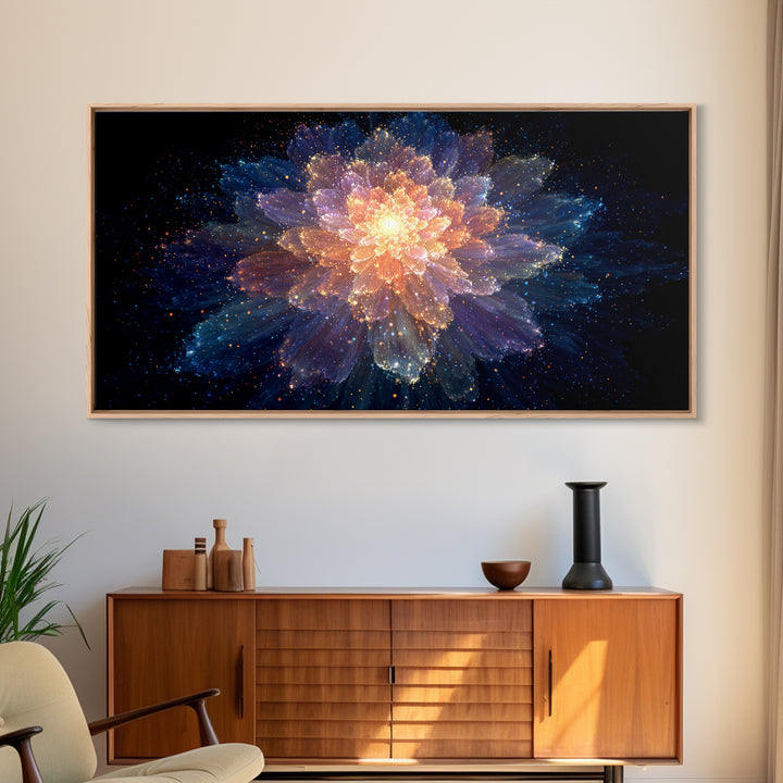 Glowing Cosmic Flower Canvas Print, Blue Orange Abstract Bloom, Spiritual Space Artwork, Modern Wall Art For Bedroom Decor