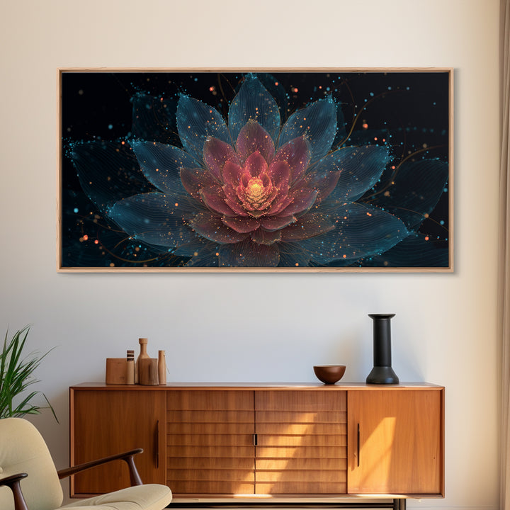 Teal Pink Lotus Canvas Print, Glowing Floral Mandala, Spiritual Abstract Art, Modern Wall Art, Yoga Decor For Meditation Room