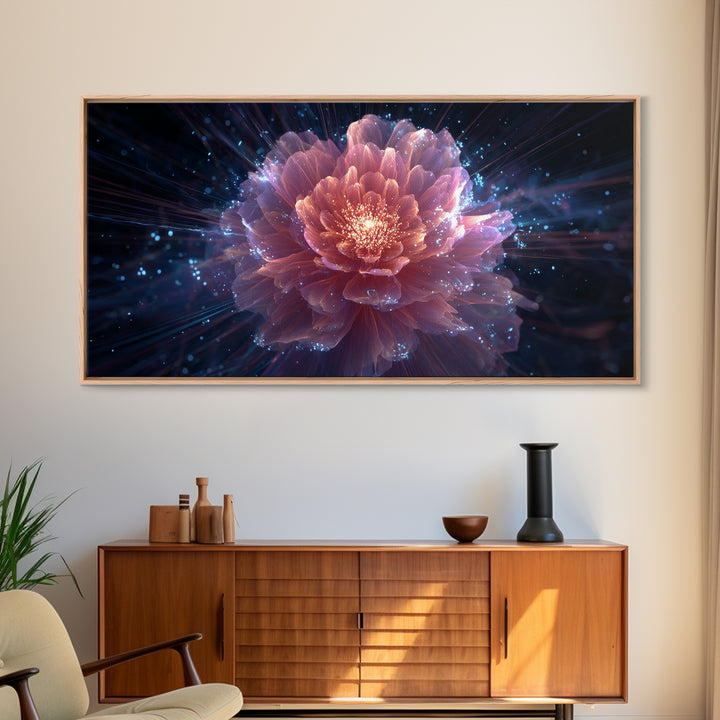 Radiant Pink Peony Canvas Print, Cosmic Floral Bloom, Blue Sparkle Abstract Art, Modern Wall Art For Bedroom And Living Room
