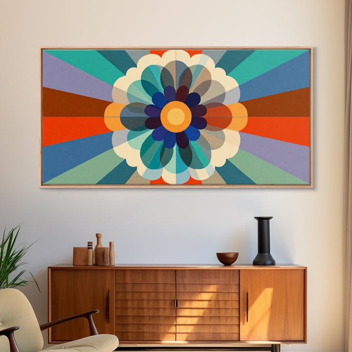 Retro Geometric Flower Wall Art, Colorful Mid Century Modern Radial Bloom, Bauhaus Poster, Bold Abstract Home Decor Print